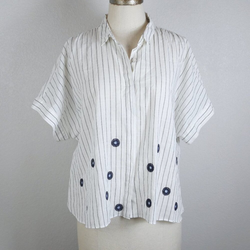 Madewell Striped Embroidered Button Up Blouse Top Short Sleeve XL white